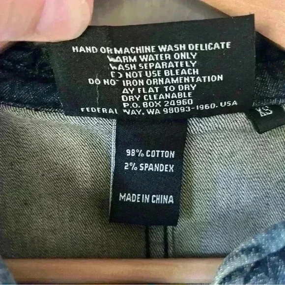 CHRISTINE ALEXANDER Jean Jacket Ruffle Trim Rhinestone Buttons Denim XS - Picture 3 of 12